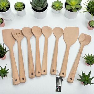 Lot of 8 Wooden Kitchen Utensils Spoons Spatula Set All Wood Natural Cooking NEW